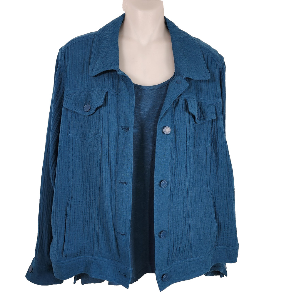 Isaac Mizrahi Live! Bridgehampton Cotton Gauze Jacket Slub Knit Tank Deep Sea M